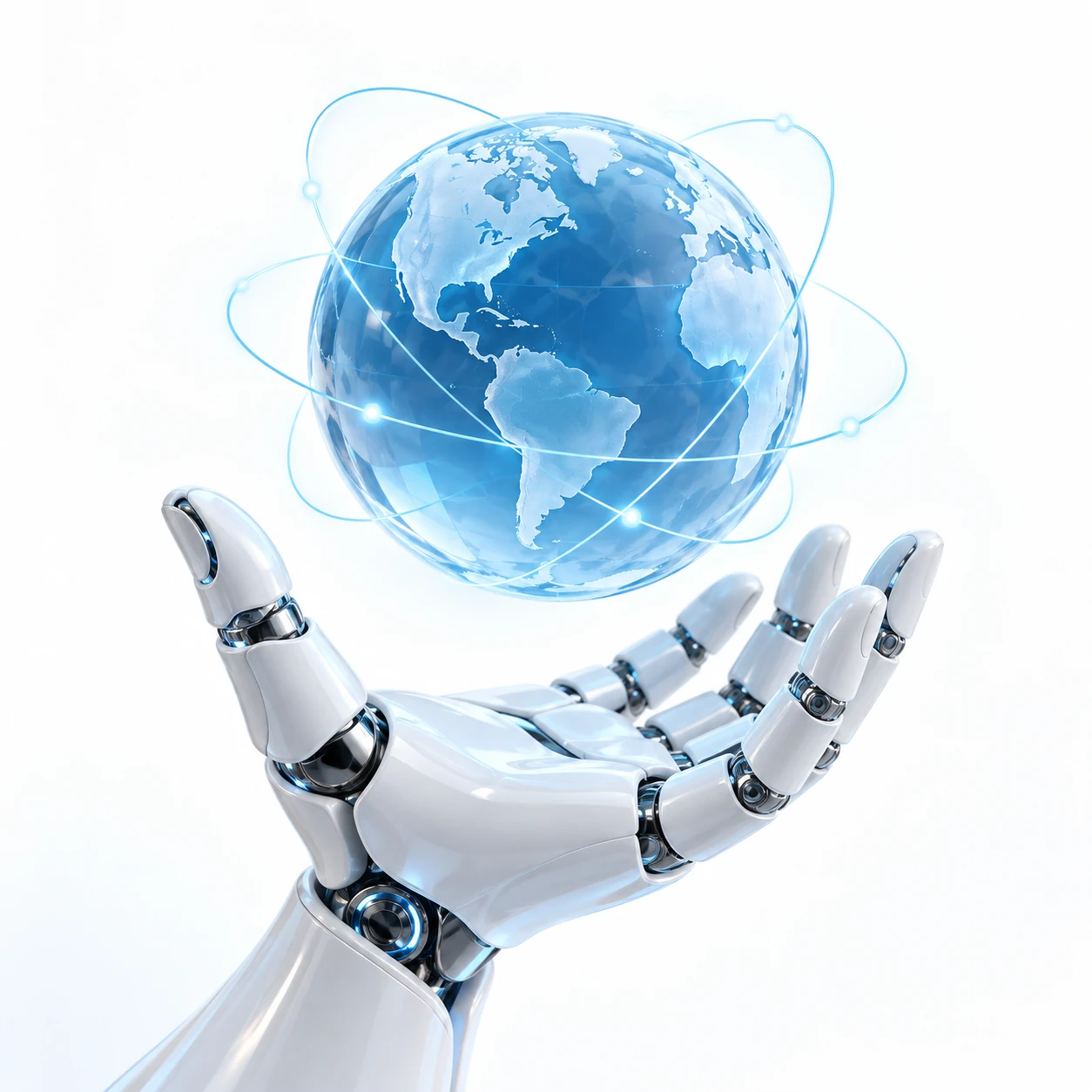 Mano robotica bianca che sostiene un globo digitale blu